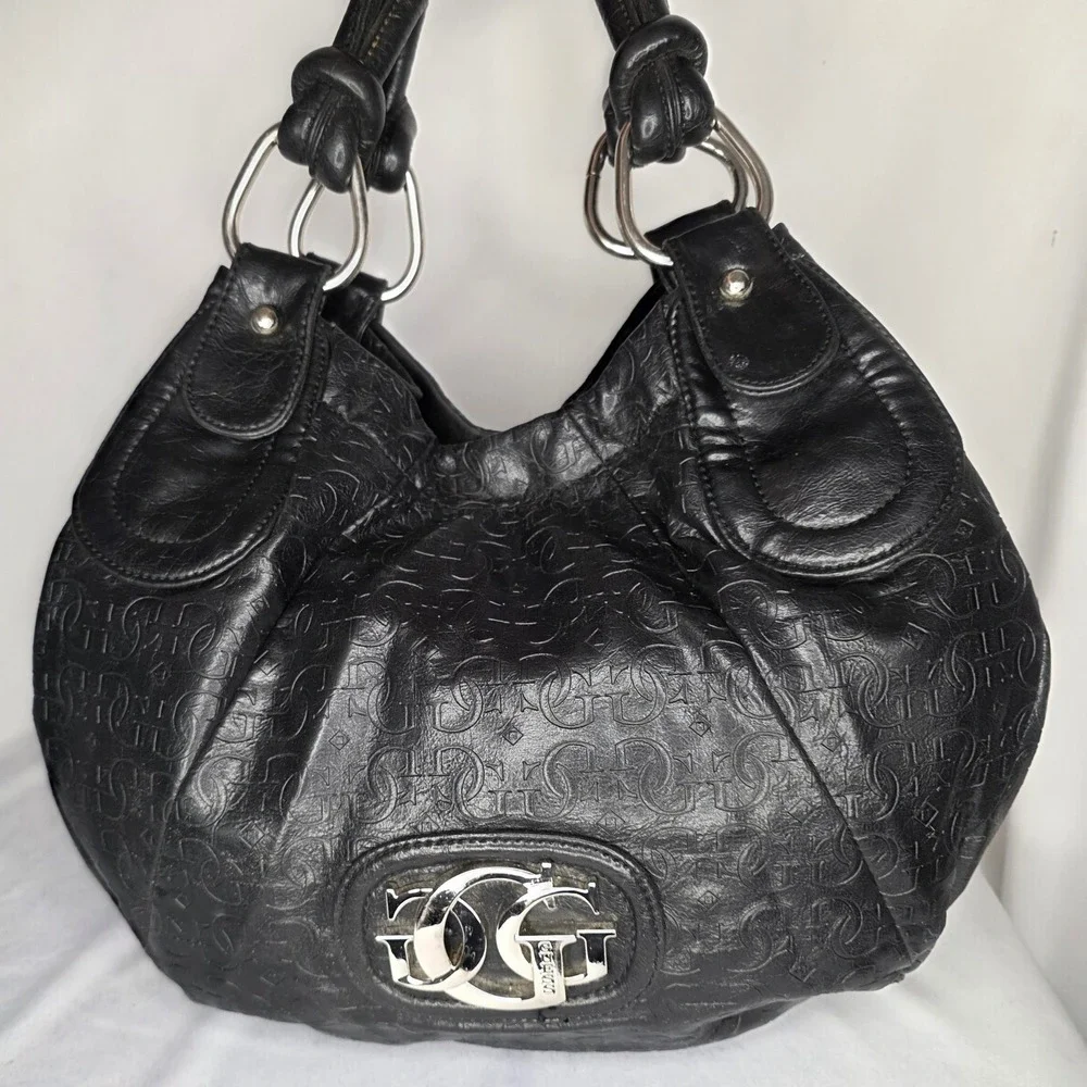 Vintage Y2K Guess Monogram Embossed Black Slouchy Hobo Shoulder Bag Silver Logo